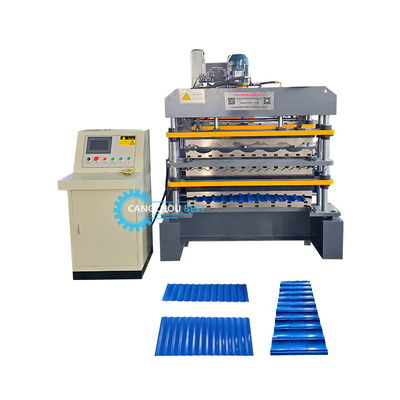Kleurstaal PLC-besturing Driefunctie Drievoudige laag Rooing Sheets Profiel Roll Forming Machine